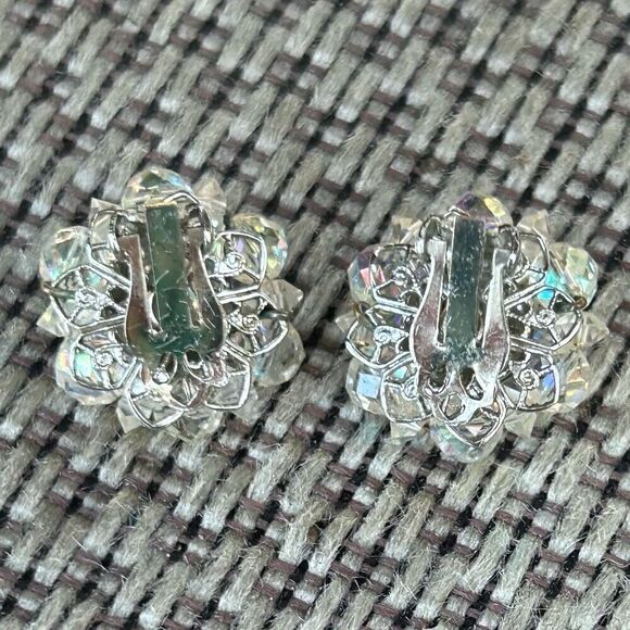 Vintage AB Rhinestones Clip-On Earrings Clear Aurora Borealis Silver-tone Round - Picture 3 of 8